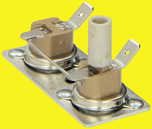 Mechanical switch with metal base and ceramic shaft on a yellow background