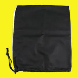 A black protective vinyl cover for a tongue jack, displayed against a yellow background.