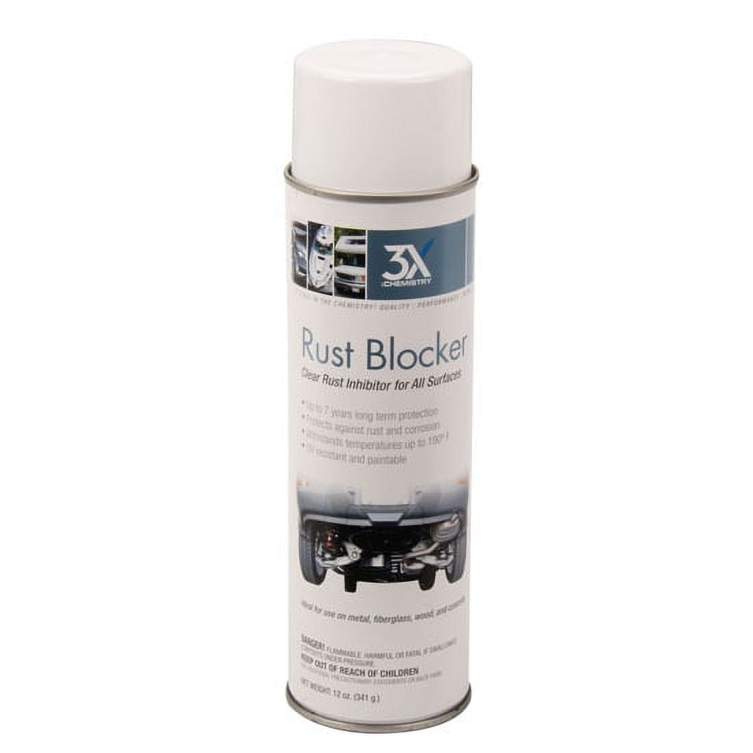 Spray can of rust blocker. White with blue text