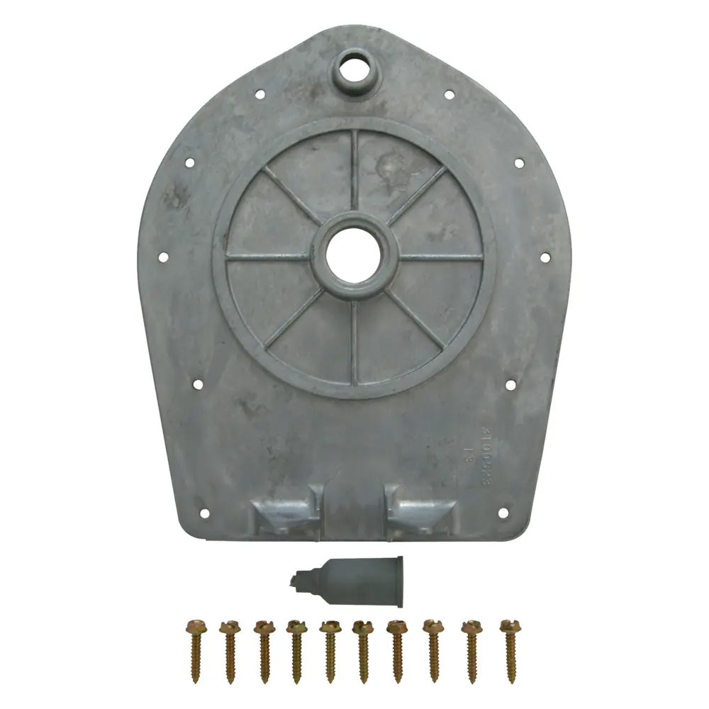 A gray metal antenna base plate with a central hole, surrounded by 10 screws with rubber boots attached to the base.
