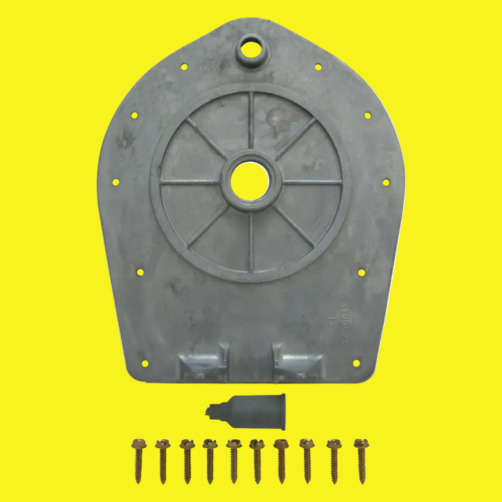 A gray metal antenna base plate with a central hole, surrounded by 10 screws with rubber boots attached to the base.