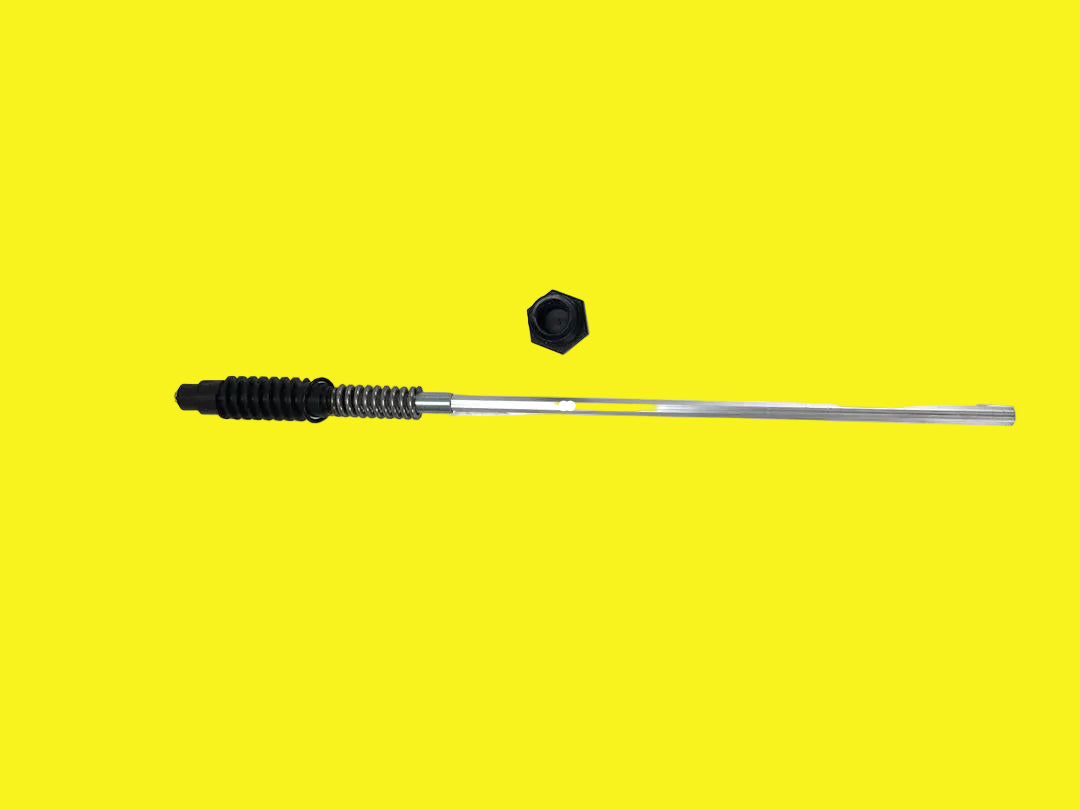 An elevating shaft replacement for TV antenna. A long silver rod with a metal spring and black handle on one end.