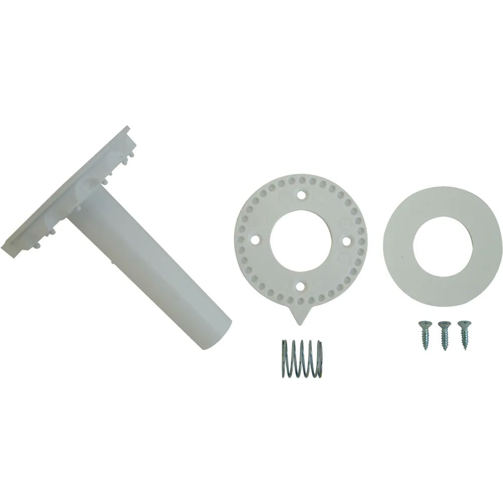 A set of white directional handle accessories for TV antennas, including a ceiling plate, four screws, a spring, and decal.