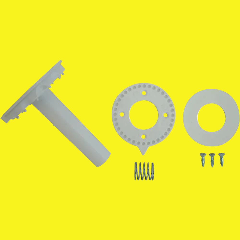 A set of white directional handle accessories for TV antennas, including a ceiling plate, four screws, a spring, and decal.