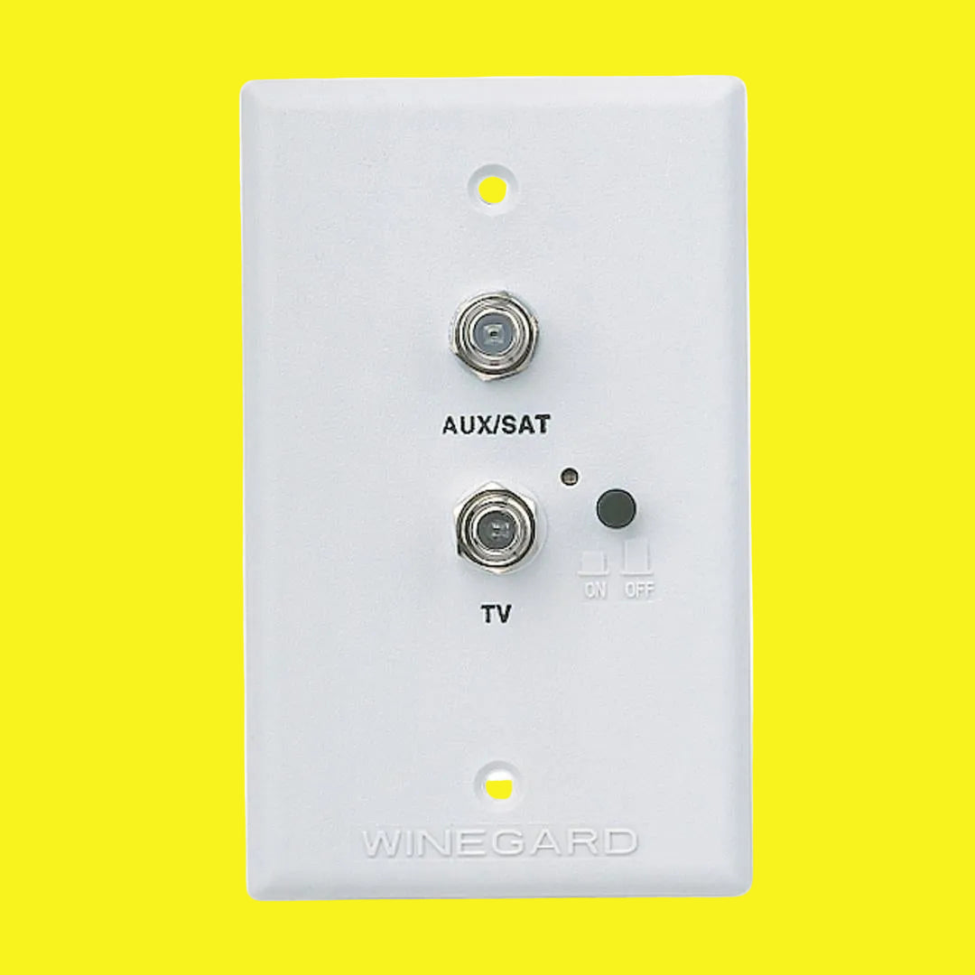 A white wall plate power supply with a cable input jack and a built-in two set splitter, labeled 'AUX SAT TV' on the front, with the brand 'WINEGARD' at the bottom.