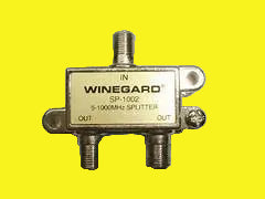 A WINEGARD coaxial splitter with SP1002 model number, featuring a 3-pin configuration for outputs.