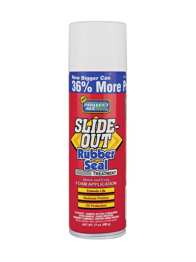 An aerosol can of slide-out rubber seal treatment in a red and blue can.