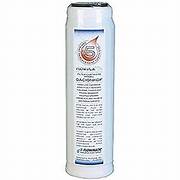 A white cylindrical water filter canister with a blue label on the front.