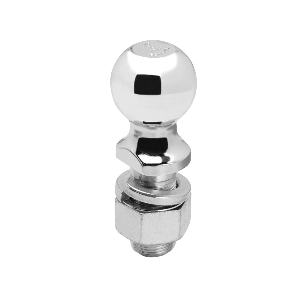 A 2-inch chrome trailer hitch ball with a long shank and a 1-1/4 inch diameter.