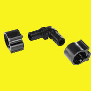 A black PEX water fitting elbow with clamps, consisting of a half-inch pipe connector and a half-inch pipe clamp