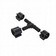 A black PEX coupler with a T-shaped design and clamps, used for plumbing applications.