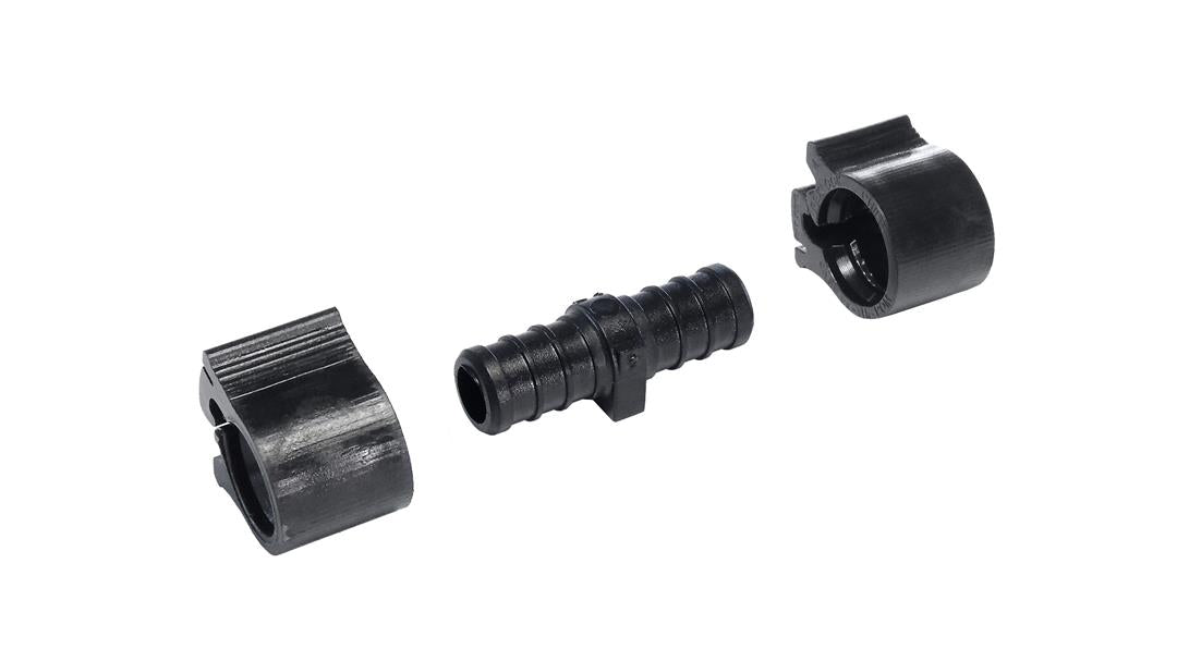 Black straight coupling in 1/2" with clamps for each end