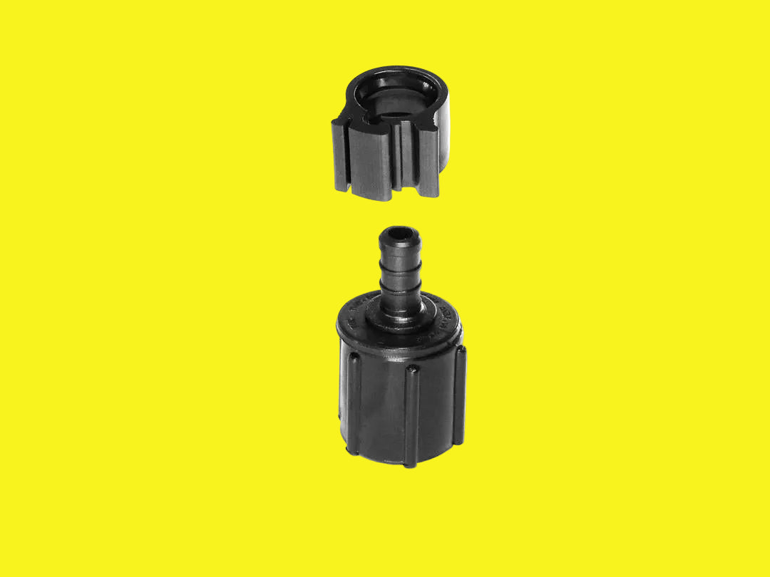 A black PEXLOCK fresh water fitting with 3/8 inch PEX x 1/2 inch female pipe thread and a swivel end nut, including a clamp.