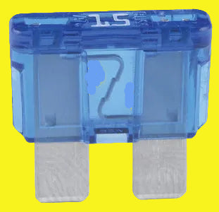 A blue ATC blade fuse with the number 15 on it, encapsulated in a plastic cover.