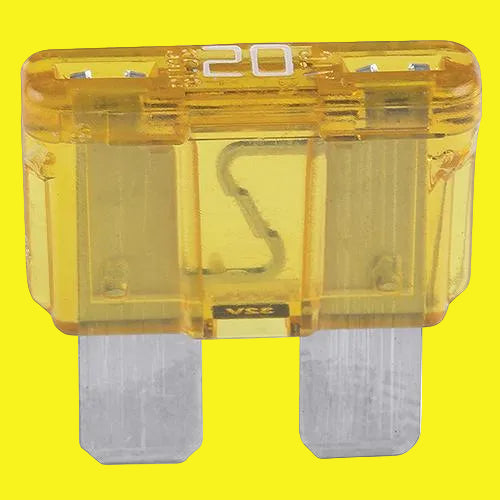 A yellow 20 amp blade fuse.