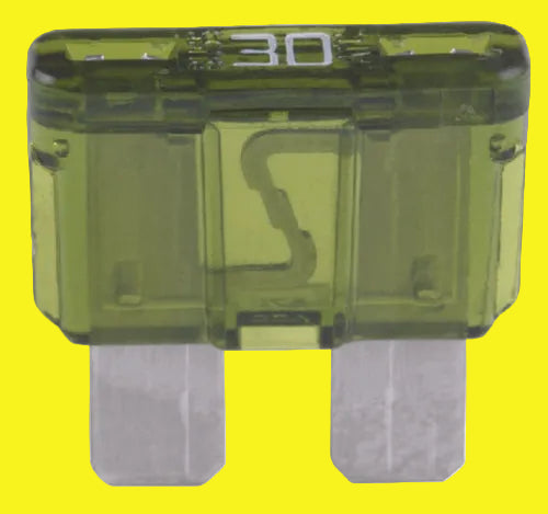 A green ATC blade fuse with the number 30 and the brand name Seachoice visible on it.
