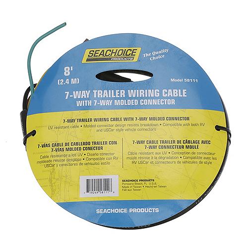 A spool of Seachoice 7-way trailer wiring cable with a blue label, yellow text, and a green connector.