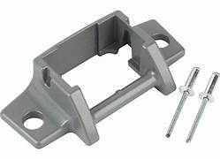 A metal awning arm foot with two bolts, typically used for supporting awnings.