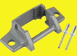 A metal awning arm foot with two bolts, typically used for supporting awnings.