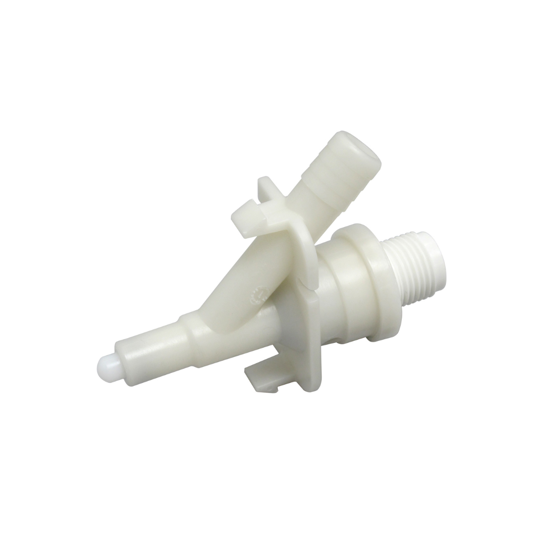 A white Dometic toilet water valve with two screws, designed for use with Dometic 301/310/300 model pedal flush toilets.