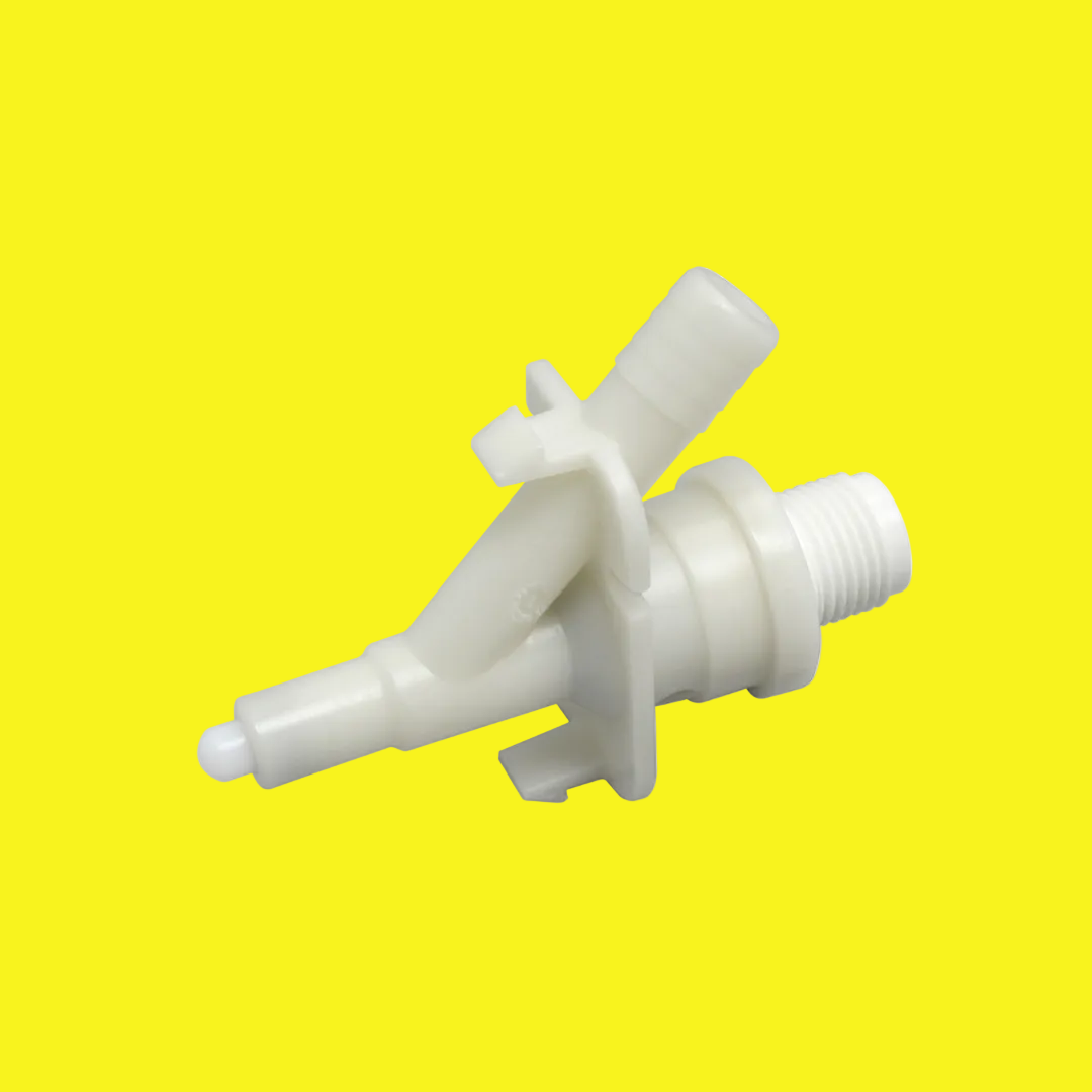 A white Dometic toilet water valve with two screws, designed for use with Dometic 301/310/300 model pedal flush toilets.