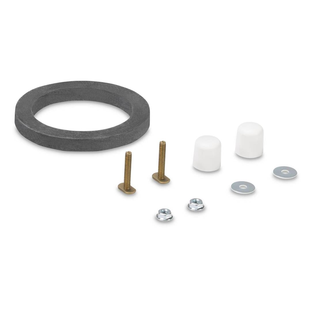 Black rubber toilet seal with mounting bolts, nuts, and washers