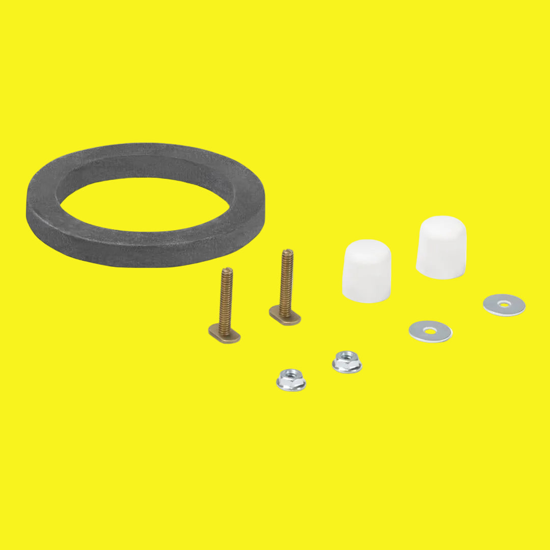 Black rubber toilet seal with mounting bolts, nuts, and washers