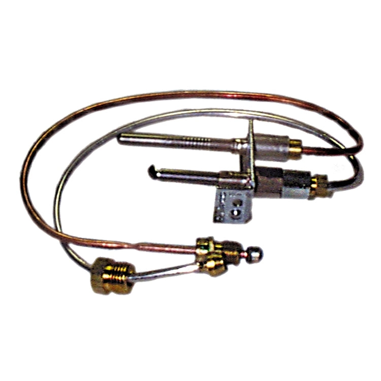 A water heater pilot assembly consisting of a copper tube and a metal tube with an igniter.