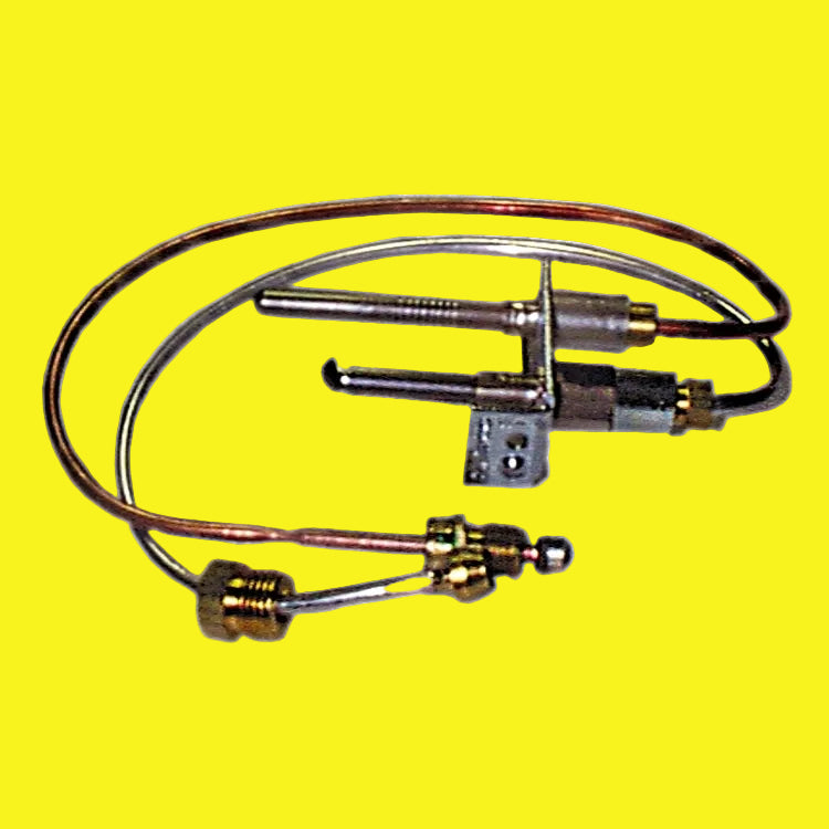 A water heater pilot assembly consisting of a copper tube and a metal tube with an igniter.