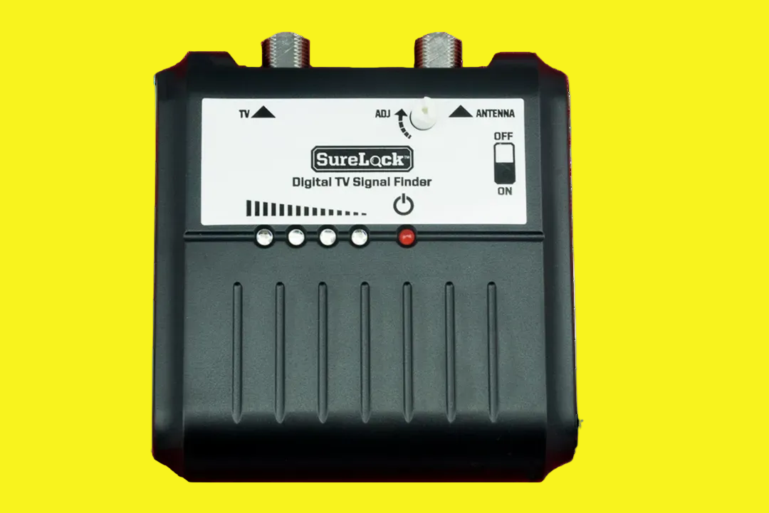 A black Surlock Digital TV Signal Finder with LED range indicator, featuring coaxial connectors, a battery, and no USB adapter included.