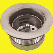 A stainless steel basket strainer for sinks or tubs with a central rod and flanged edge.