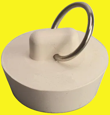 An off-white rubber stopper for a sink drain.
