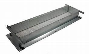 Metal refrigerator vent base with a flange, featuring a series of holes for ventilation.