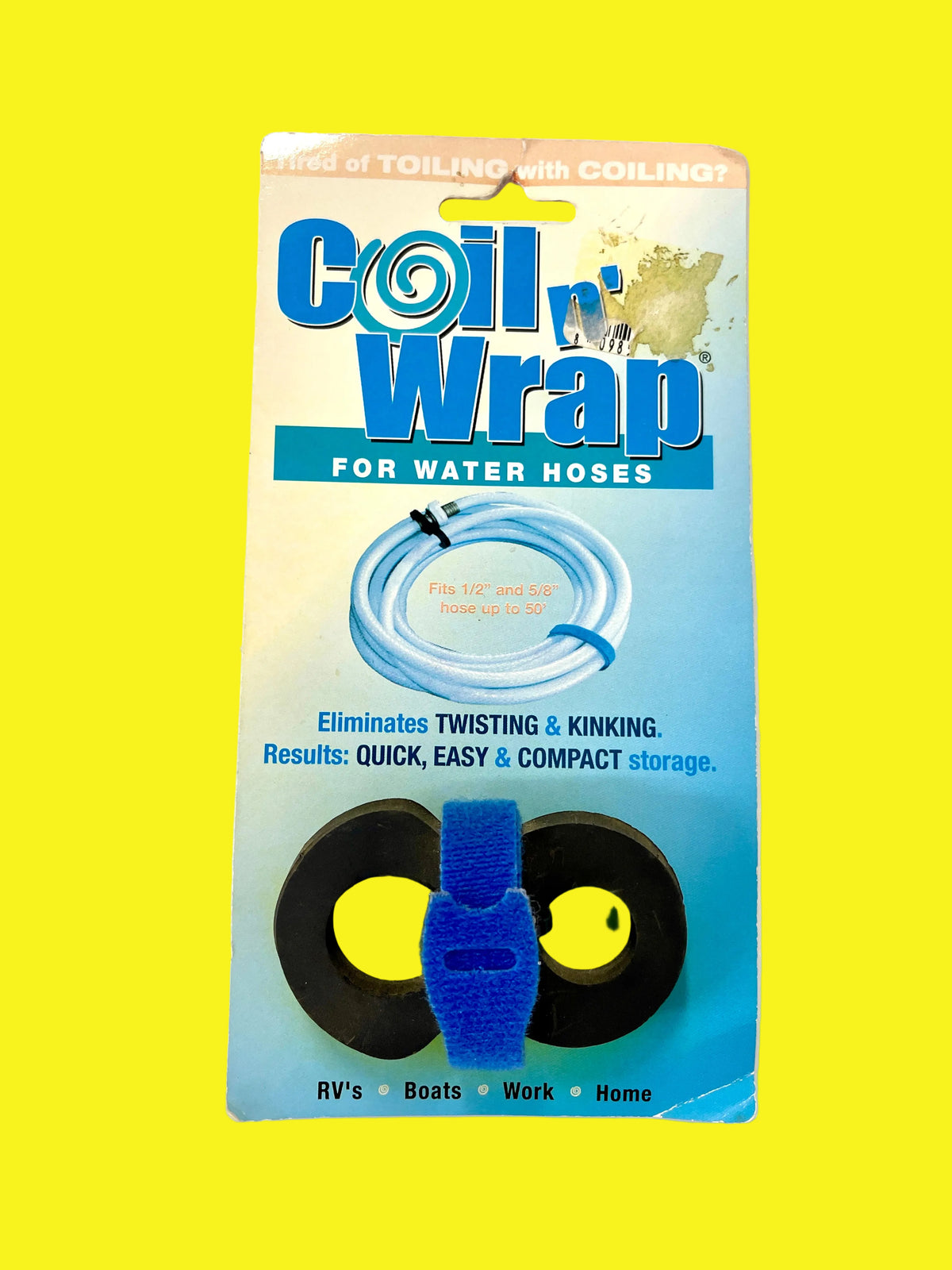 Packaging for 'Coil Wrap' for water hoses, showing the product in use with an RV and a boat, and describing its features such as eliminating twisting and kinking, being compact, easy and compact storage, and suitable for RVs, Boats, Work, Or Home.