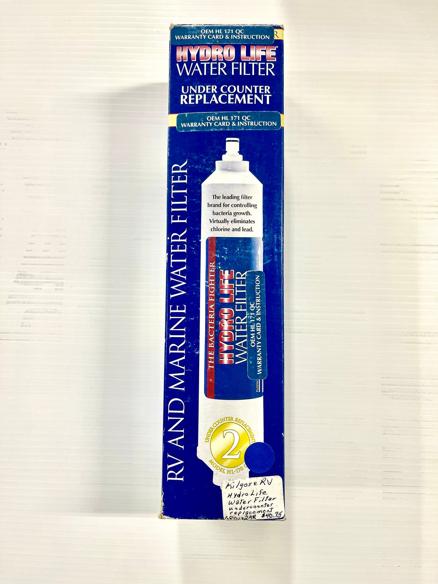 Packaging for Hydro-Life under counter replacement water filter, featuring the product name and details on a blue and white background.