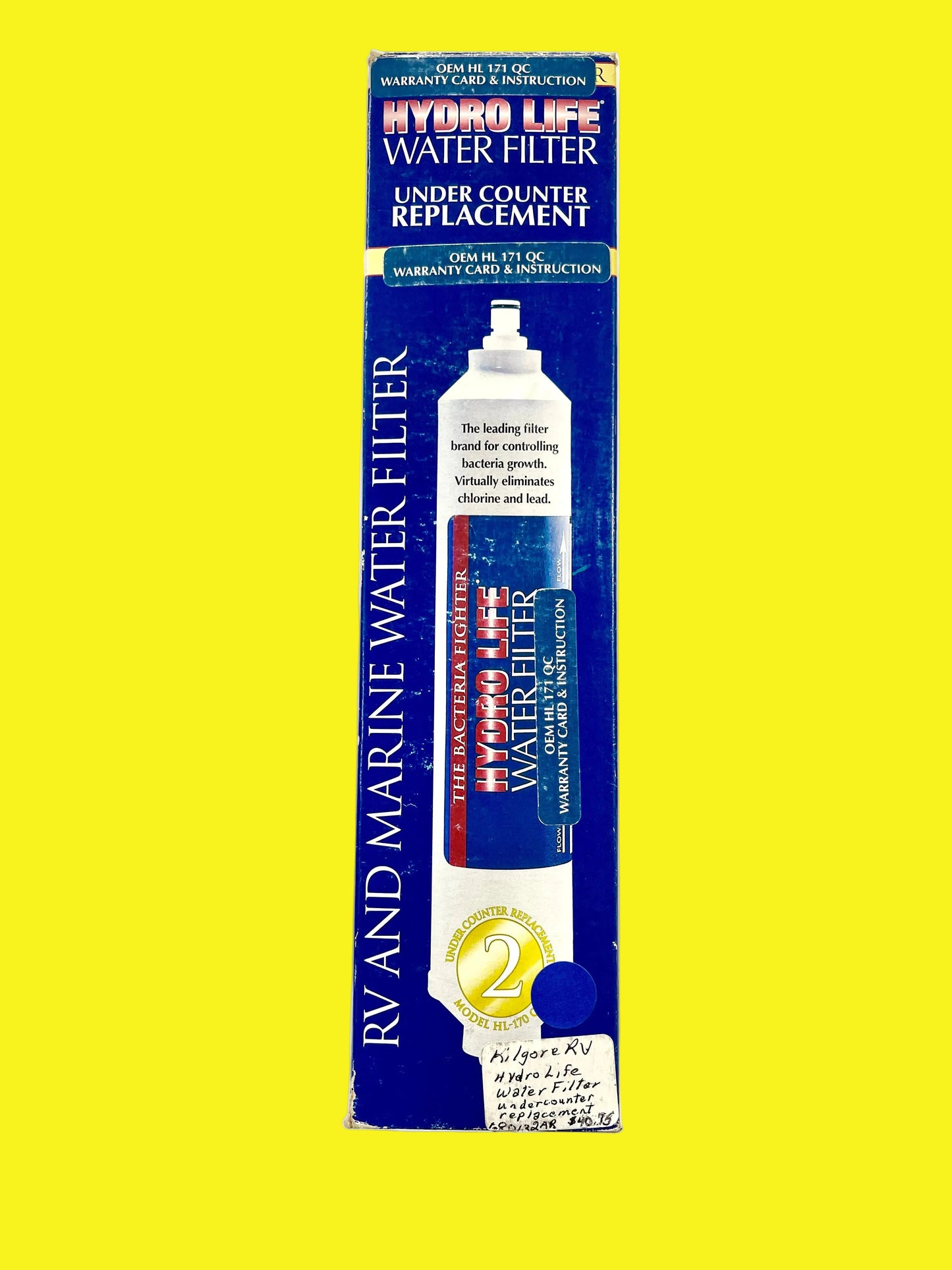 Packaging for Hydro-Life under counter replacement water filter, featuring the product name and details on a blue and white background.