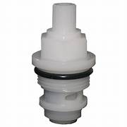 A white faucet cartridge with a clear center and black seals around the base.