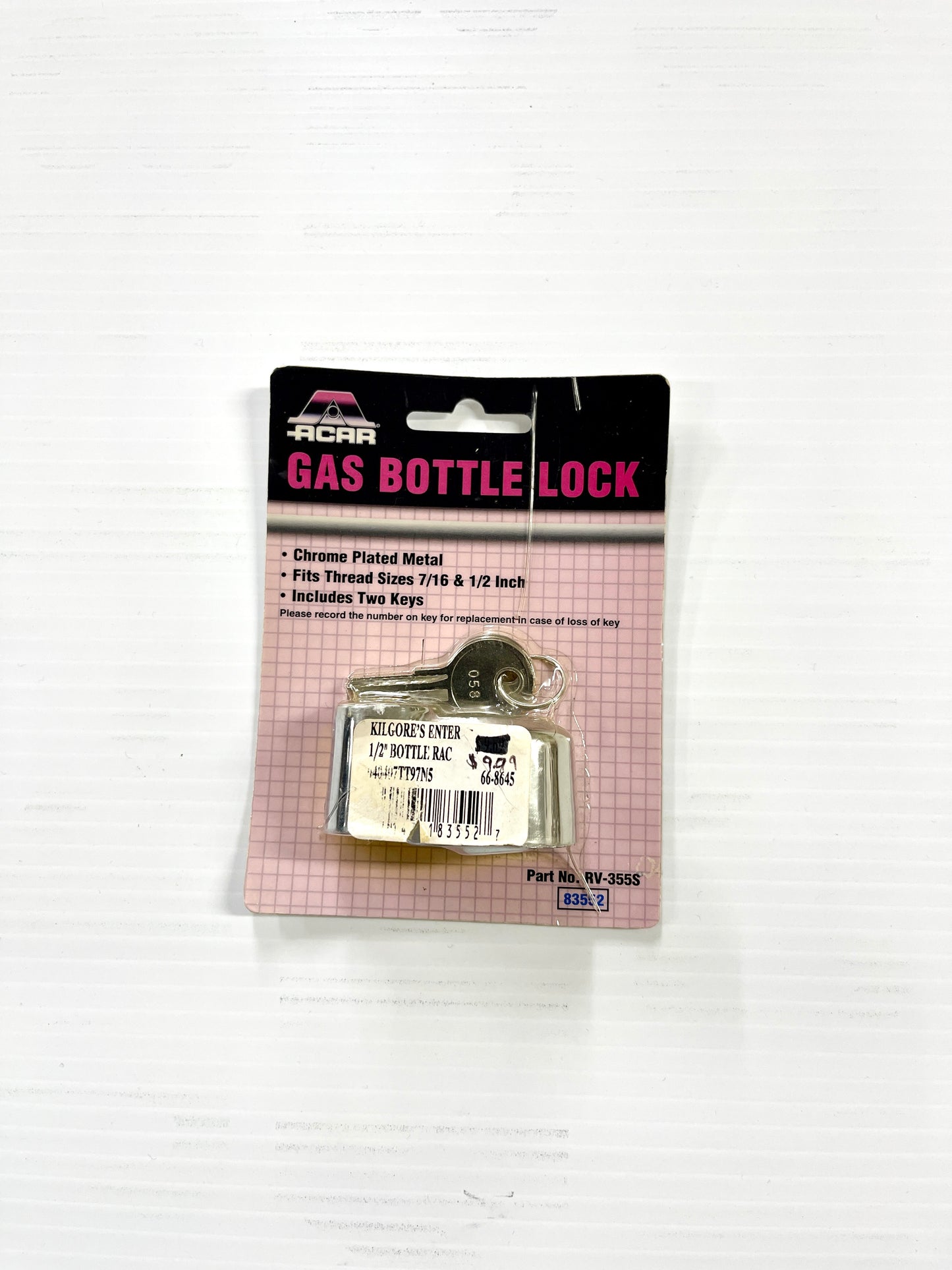 Acar Gas Bottle Lock packaged in a blister pack with chrome plated metal lock and two keys visible.