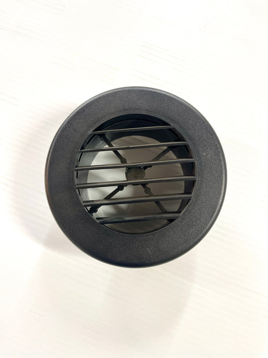 A black round ceiling register/vent with a 4-inch diameter cutout dimension, designed to fit 2-inch flexible ducts and allow for 360-degree rotation.