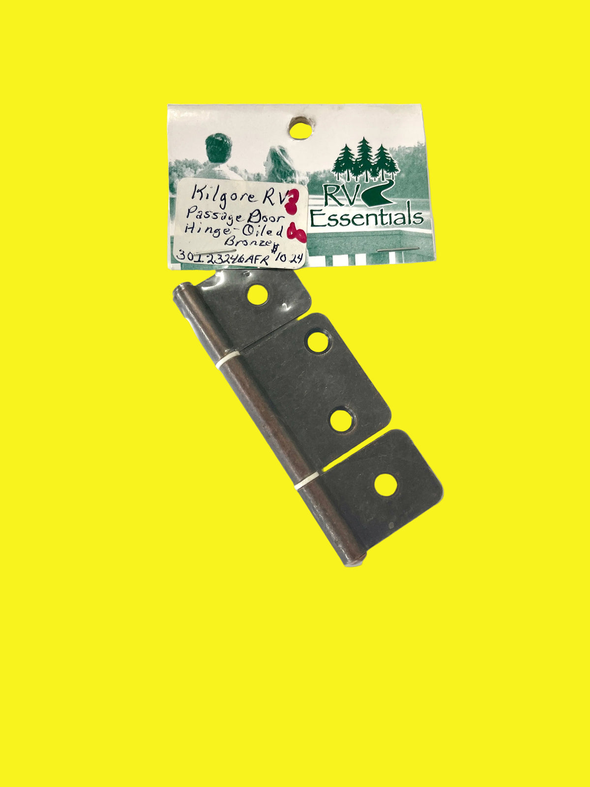 A packaged non-mortise hinge in oil rubbed bronze, displayed on a yellow background.
