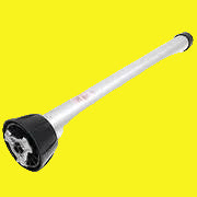 Silver table leg with black base.