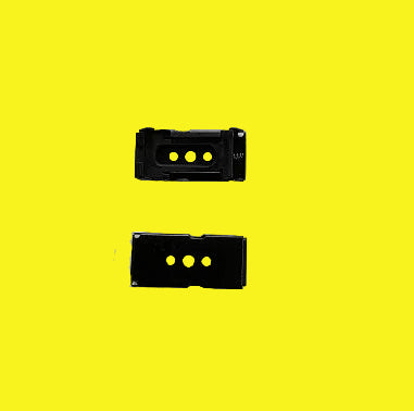 Two black roller shade end brackets displaying each side
