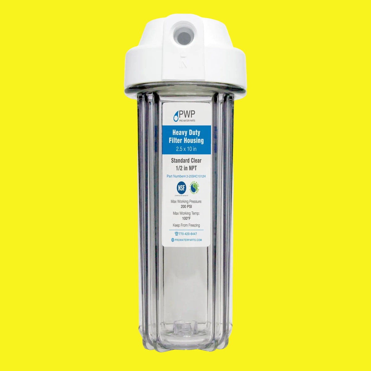 PWP Heavy Duty Filter Housing, 2.5 in x 10 in, made of clear plastic with a white top cap and a blue and white product label.