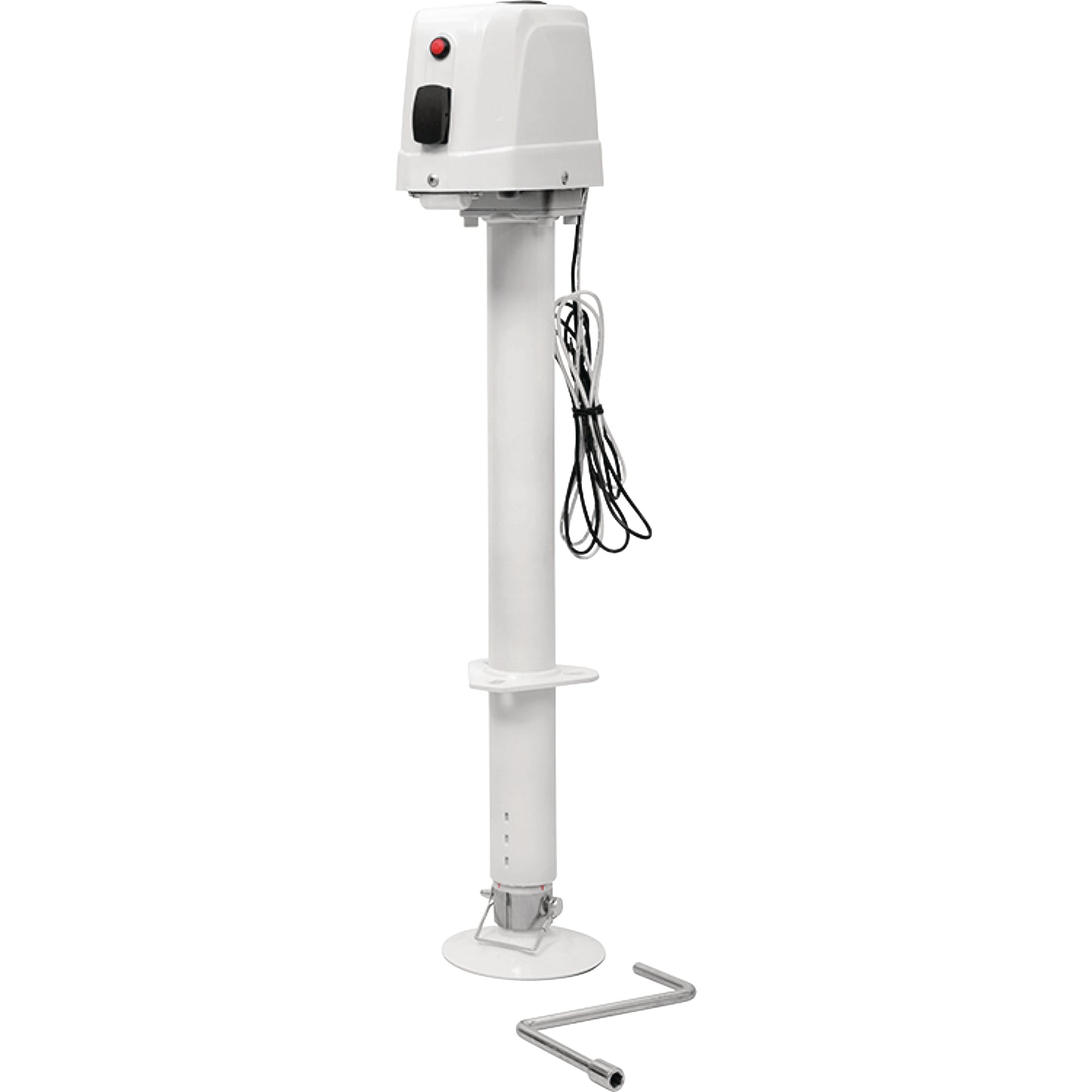 White electric trailer jack with a manual crank override and a quick plug-in 7-way connector, designed for RVs.