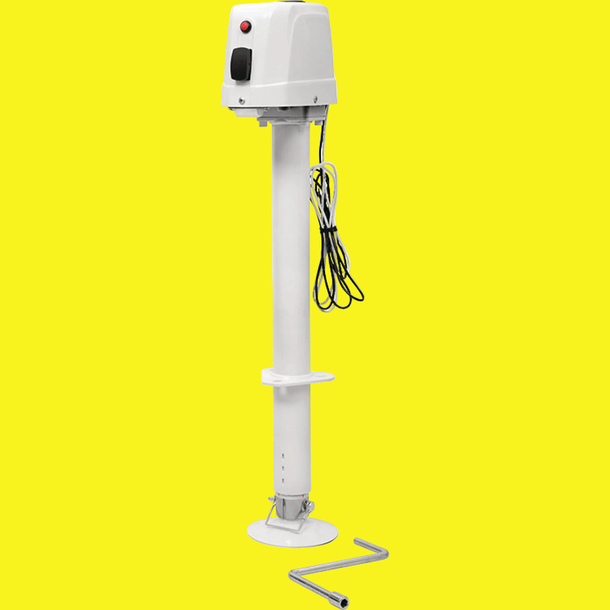 White electric trailer jack with a manual crank override and a quick plug-in 7-way connector, designed for RVs.