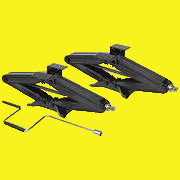 Two black scissor jacks with crank handles and mounting plates, designed for RV stabilization.