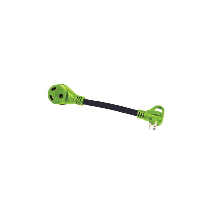 A green and black dog bone-shaped power adapter with a finger grip handle and a male-female connector.