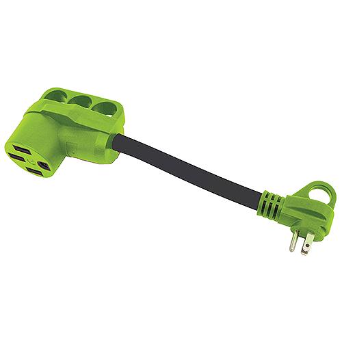 A green RV 2964 adapter cord with a finger grip handle and a male connector on one end, and a female connector on the other.