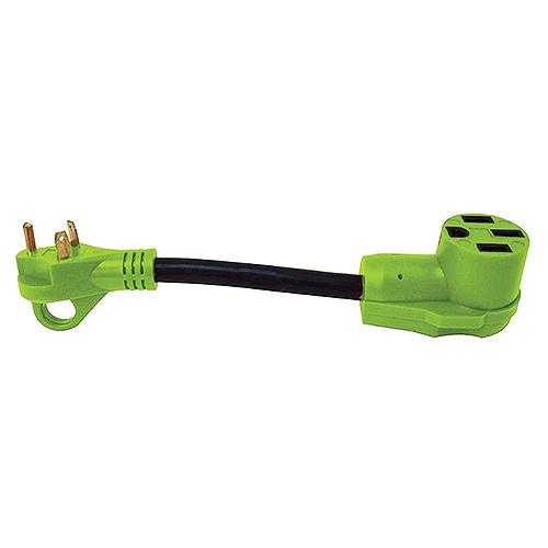 A green 30A male to 50A female RV adapter cord with a finger grip handle.