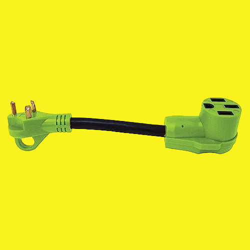 A green 30A male to 50A female RV adapter cord with a finger grip handle.